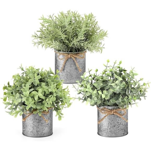 Mini Fake Plants in Farmhouse Galvanized Metal Pots, Rustic Home Decor, 3 Pack - Picture 3 of 8